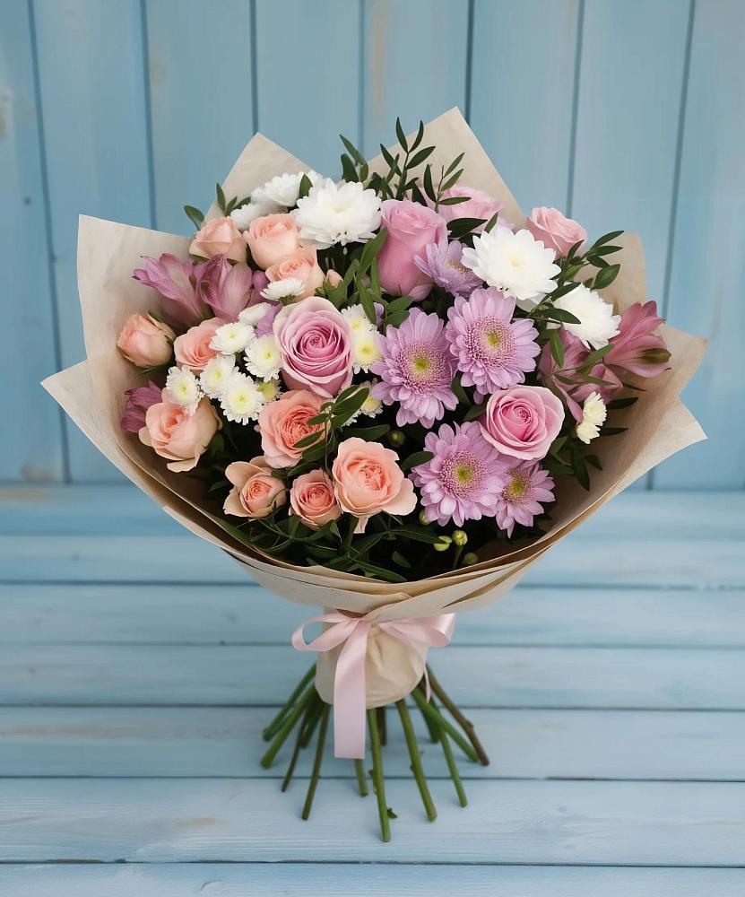 Букет цветов из: Хризантемы, Розы и Альстромерии в Северо-Курильске