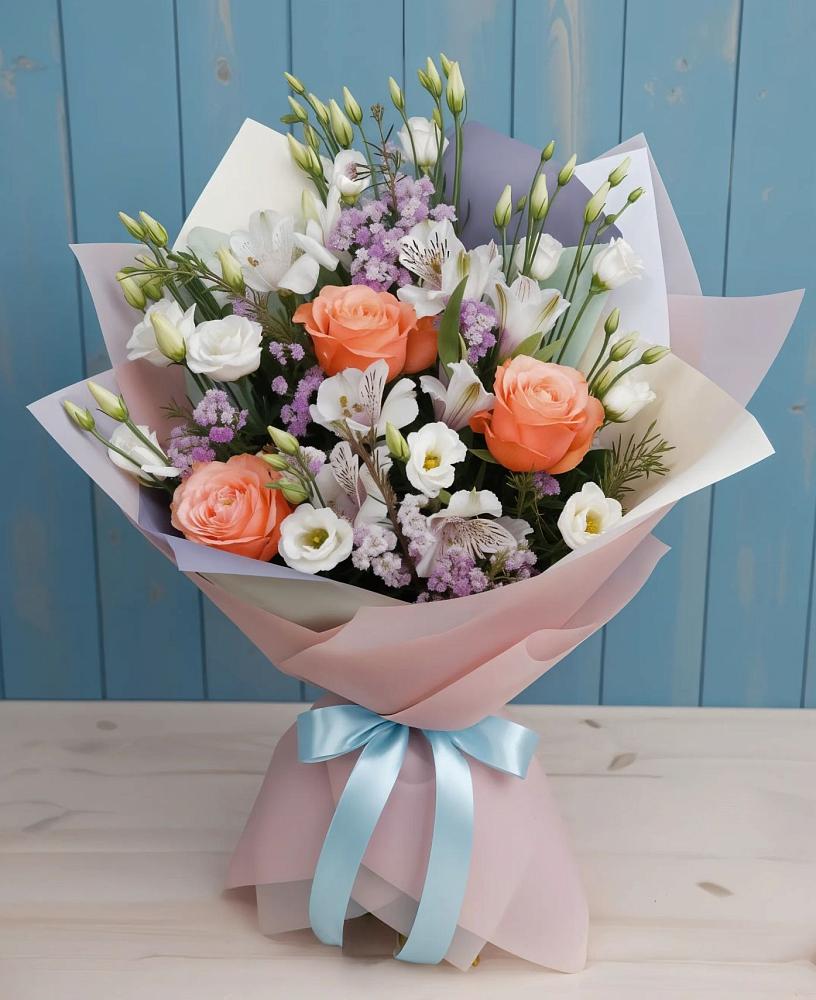 Букет цветов из: Лизиантусы, Розы, Альстромерии и Гипсофила в Северо-Курильске