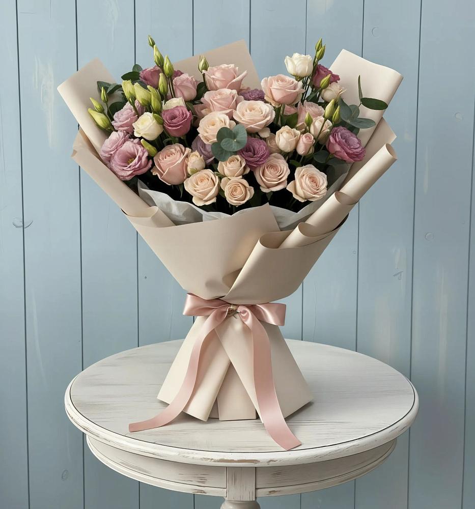 Букет цветов из: Розы и Лизиантусы в Северо-Курильске