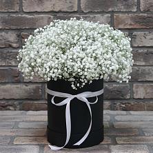 Цветочная композиция из Гипсофила в шляпной коробке в Северо-Курильске