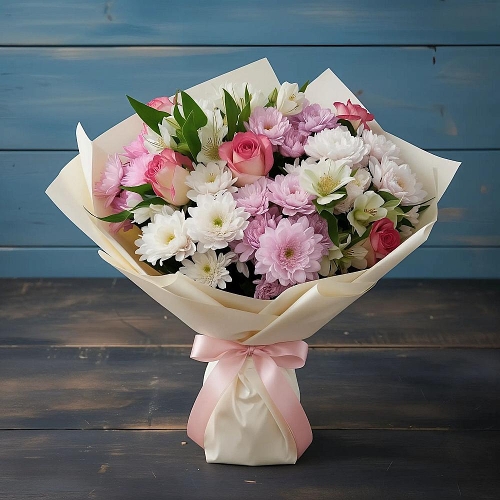 Букет цветов из: Хризантемы, Альстромерии и Розы в Северо-Курильске